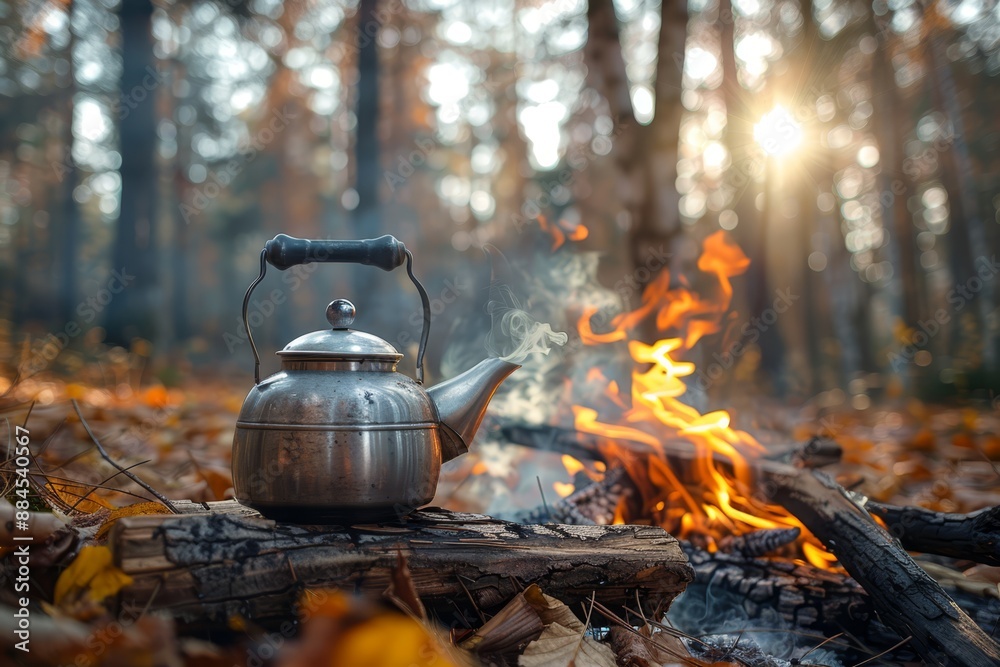 A steaming kettle sits on a campfire in an autumn forest, surrounded by colorful fallen leaves and warm sunlight.. A steaming kettle sits on a campfire in an autumn forest, surrounded by colorful fallen leaves and warm sunlight..