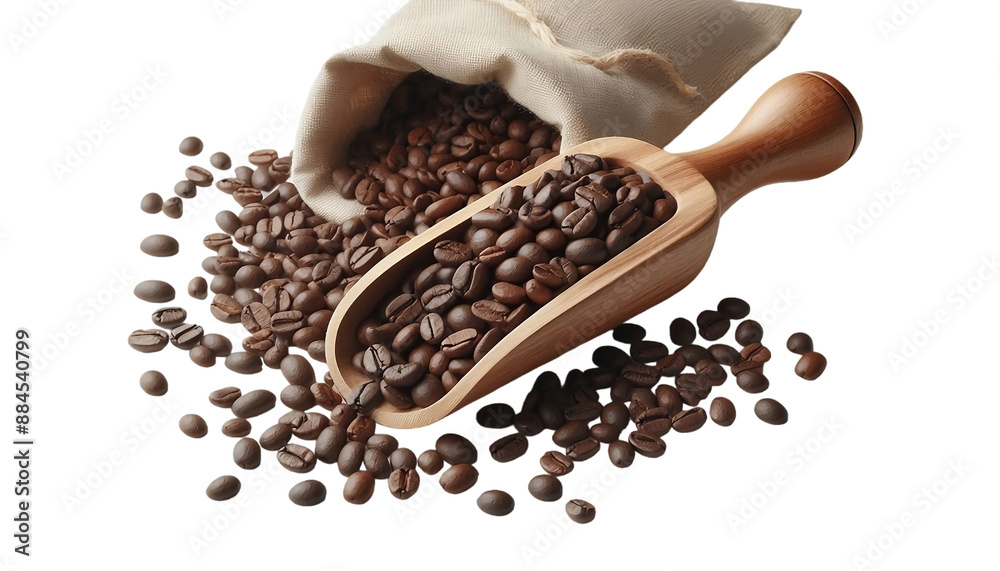 Obraz premium A burlap sack spills coffee beans onto a transparent surface, with a wooden scoop filled with beans resting nearby, against a transparent background, PNG file, perfect for graphic design.