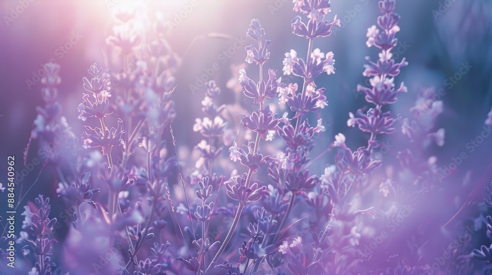Fototapeta premium Sunlit violet flowers on lavender backdrop