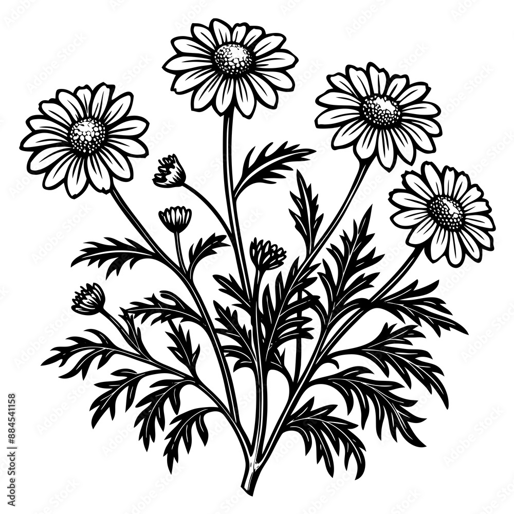 botanical image of a Matricaria chamomilla, black and white flowers, flower, vector, floral, nature, pattern, illustration botanical image of a Matricaria chamomilla, black and white flowers, flower, vector, floral, nature, pattern, illustration