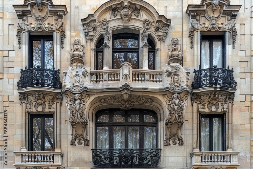 Obraz premium An ornate building facade with intricate wrought iron balconies beautifully showcasing architectural elegance