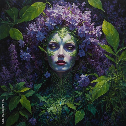 A shimmering solarpunk mythopoeic vampire, radiant with vitality amidst darkness: ethereal lavender skin glows under a canopy of vibrant green leaves, eyes sparkling with cosmic wisdom. This enchantin photo