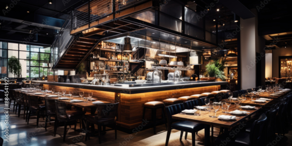 Completely blurred image of a modern restaurant with open kitchen Completely blurred image of a modern restaurant with open kitchen