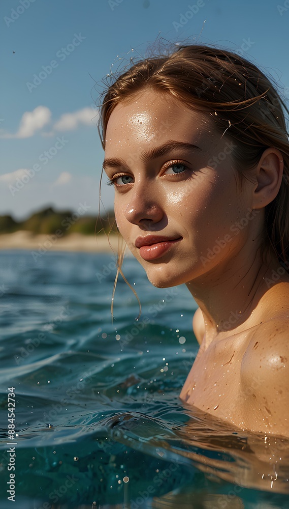 Fototapeta premium Portrait at Beach: A Young Woman Bathing in the Sea