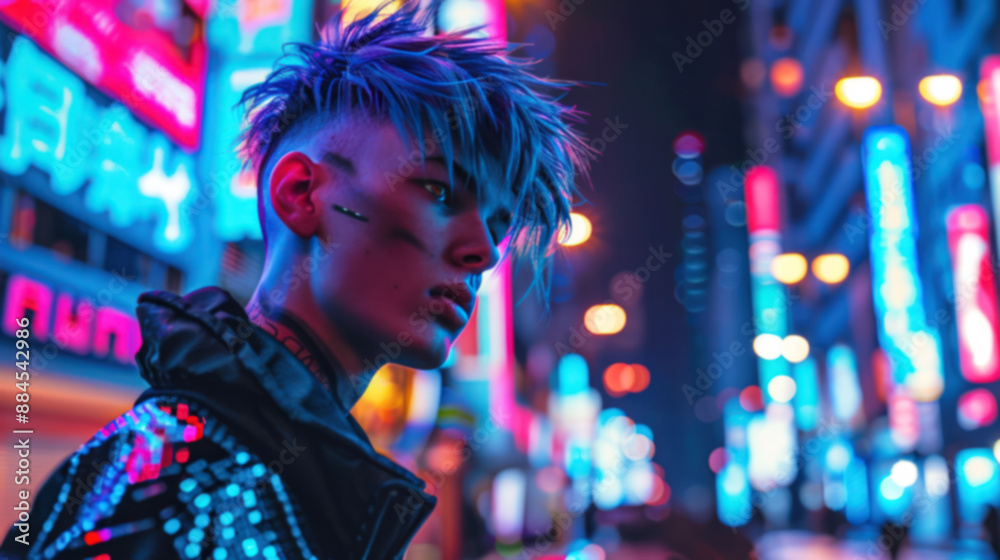 Completely blurred image young man with blue hair in a neon-lit cityscape Completely blurred image young man with blue hair in a neon-lit cityscape
