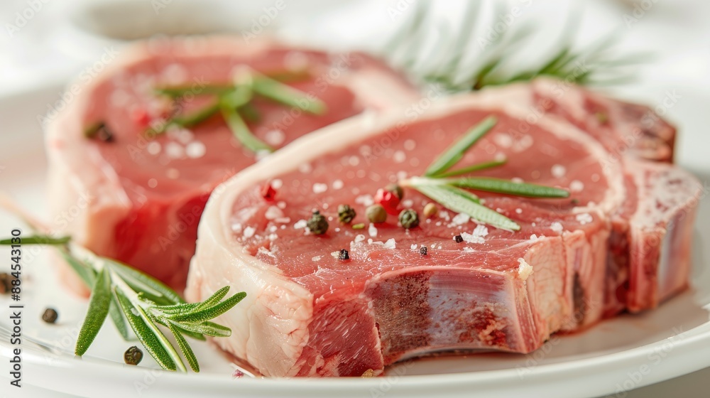 Close up photograph of uncooked pork on a white dish prepared for a dietary regimen Close up photograph of uncooked pork on a white dish prepared for a dietary regimen