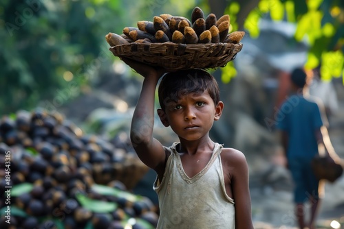 Young boy carrying basket of fruit in india