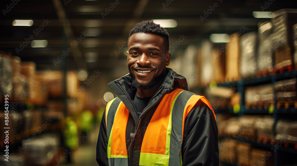 generated illustration of black African worker man, blurred warehouse background