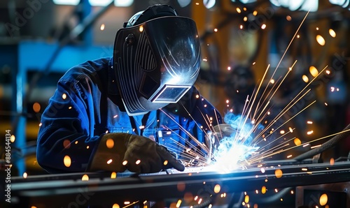 Worker in steel welding factory wearing industrial uniform and mask for welding iron, industrial safety first concept, sparks from welding