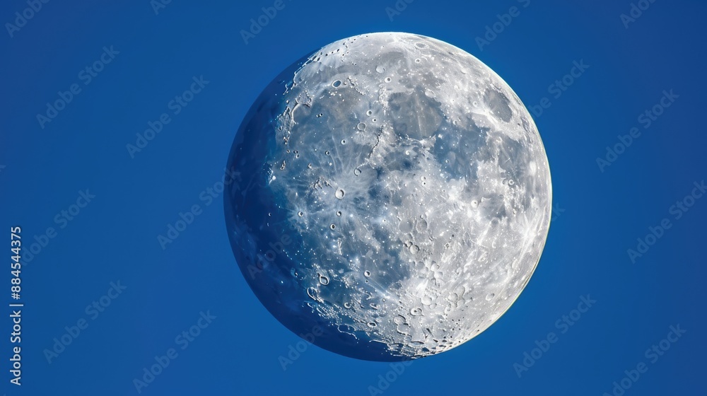 Waxing Gibbous Moon with craters in blue sky Centers for text Waxing Gibbous Moon with craters in blue sky Centers for text