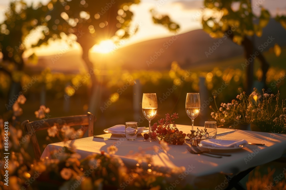A romantic dinner table set for two in a vineyard at sunset, featuring wine glasses, flowers, and soft golden light, creating an enchanting and intimate dining atmosphere. A romantic dinner table set for two in a vineyard at sunset, featuring wine glasses, flowers, and soft golden light, creating an enchanting and intimate dining atmosphere.