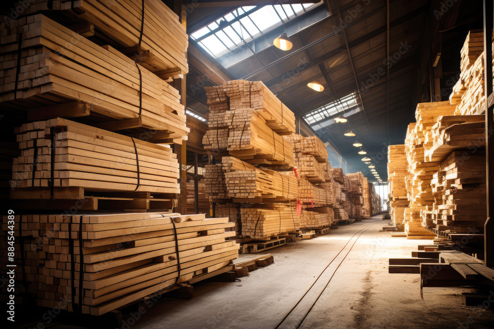 generated illustration of piles of fresh white oak planks stacked in the warehouse. generated illustration of piles of fresh white oak planks stacked in the warehouse.