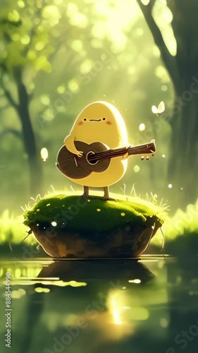 Serene Gudetama-Inspired Character Playing Guitar on a Magical Mushroom photo