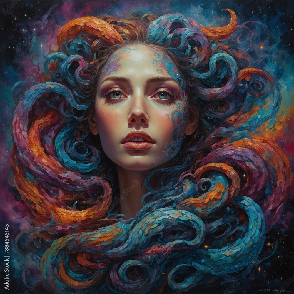 Naklejka premium A fervently fervent galactic gorgon, crafted with intricate detail and vibrant colors: swirling galaxies adorn its sleek, serpentine body, while shimmering stars twinkle in its piercing eyes. The imag
