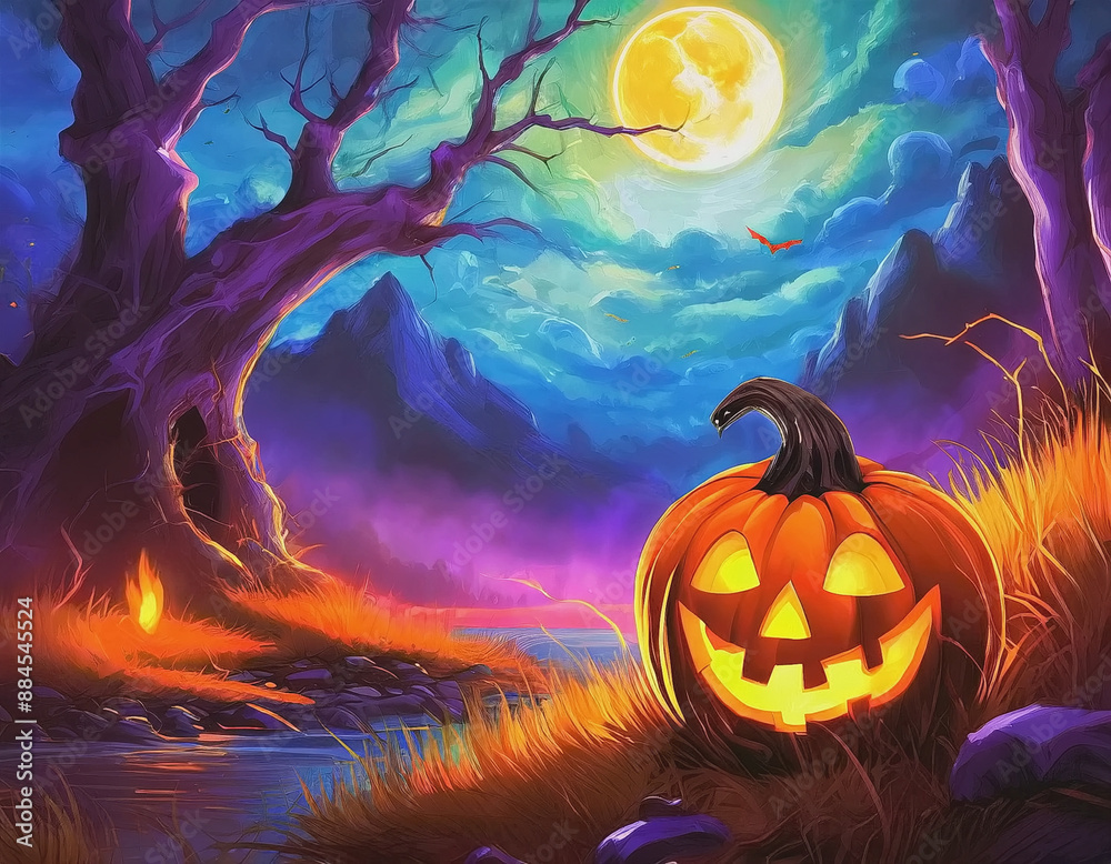 Fototapeta premium Halloween Illustration Jack O'Lantern, Moonlight, Scary Trees AI