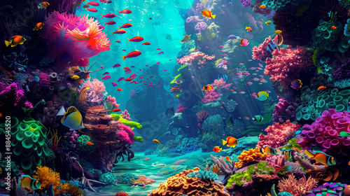 Beautiful coral reef with flocks of tropical fish, stunning ocean underwater world