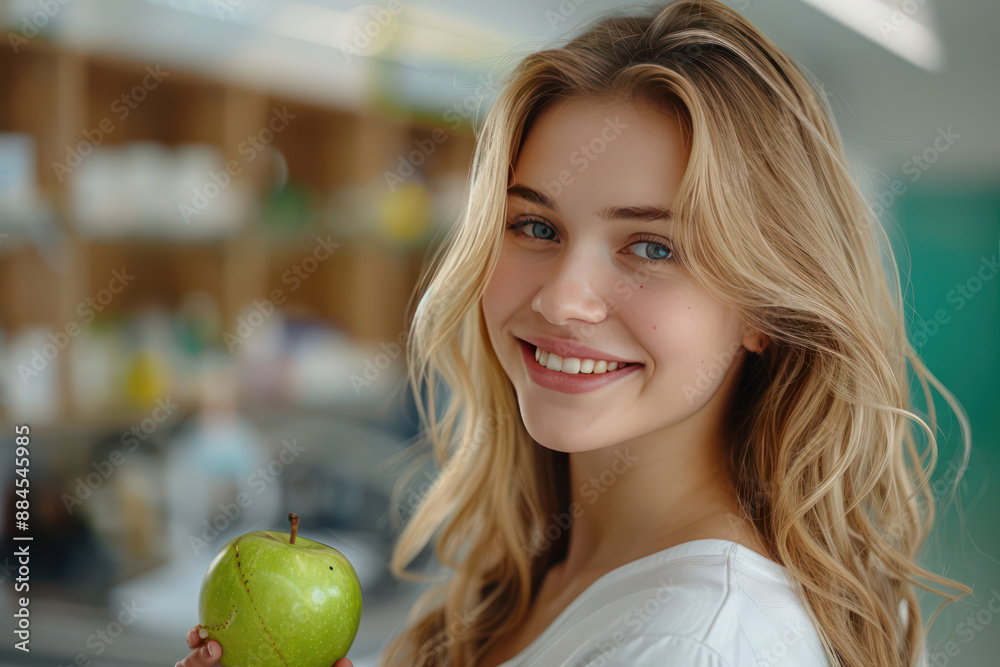 beautiful blonde woman holding green apple in front of blurred background promoting healthy fruit from nutrition beautiful blonde woman holding green apple in front of blurred background promoting healthy fruit from nutrition