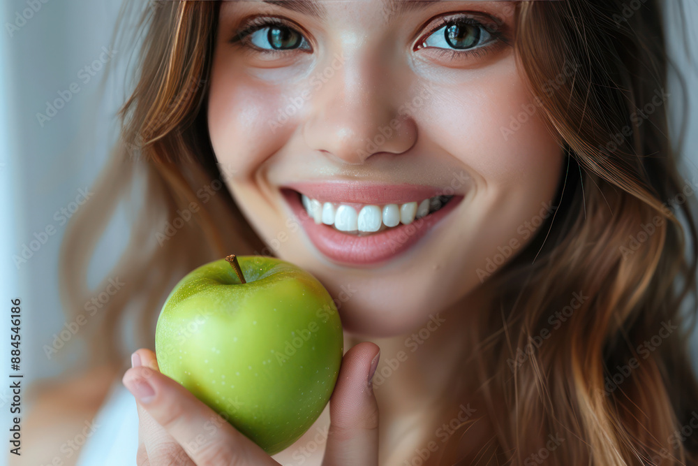 beautiful blonde woman holding green apple in front of white background beautiful blonde woman holding green apple in front of white background