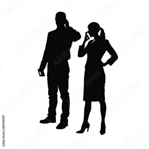 business man and woman engaged in conversation silhouette, isolated white background 