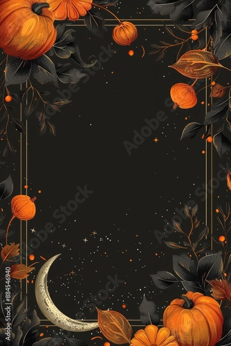 Stylish Halloween frame featuring pumpkins, a crescent moon, and autumn leaves on a dark background, perfect for festive designs..