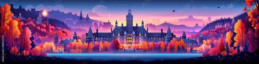 Majestic Castle with Colorful Autumn Foliage and Reflective Lake at Sunset in a Serene Mountain Landscape Majestic Castle with Colorful Autumn Foliage and Reflective Lake at Sunset in a Serene Mountain Landscape