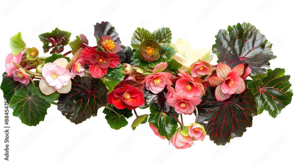 set of species of begonias, showcasing their varied leaf patterns and colorful blooms, isolated on transparent background set of species of begonias, showcasing their varied leaf patterns and colorful blooms, isolated on transparent background