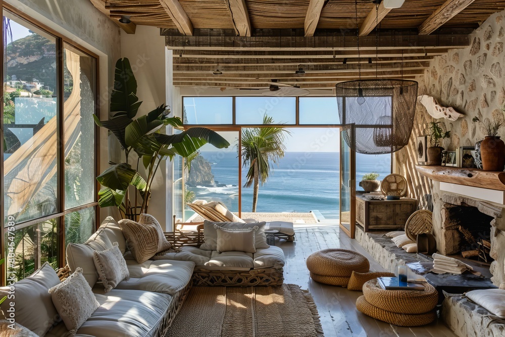 Fototapeta premium Spacious beachfront living room with modern rustic decor and breathtaking sea panorama