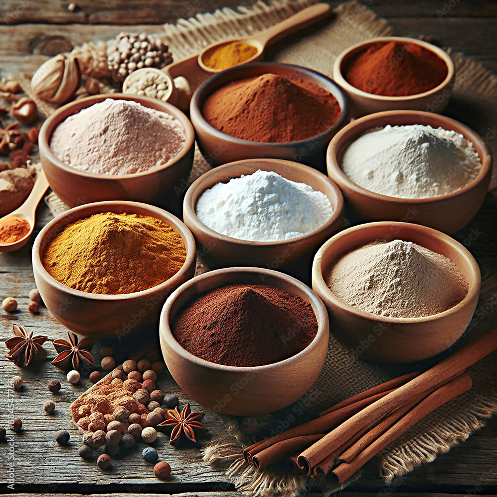 Assorted Spices In Wooden Bowls On Rustic Wooden Table. Various colorful spices in wooden bowls on a rustic table. Perfect for cooking and kitchen-themed concepts. Assorted Spices In Wooden Bowls On Rustic Wooden Table. Various colorful spices in wooden bowls on a rustic table. Perfect for cooking and kitchen-themed concepts.