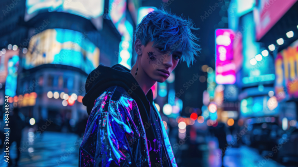 Obraz premium Completely blurred image young man with blue hair in a neon-lit urban environment