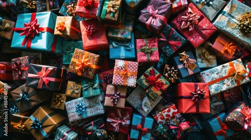 Colorful Assortment of Wrapped Presents - A vibrant collection of beautifully wrapped presents in various colors and patterns, perfect for festive occasions.