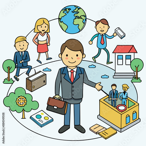 Linear Flat Businessman levitate in Zen pose and lamp, house, family silhouette money in circle around vector illustration. Human Values concept.