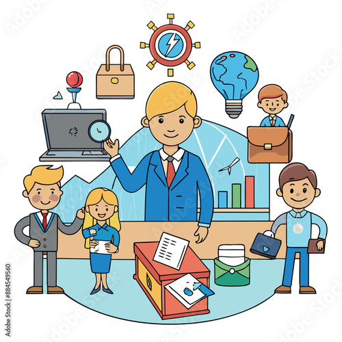 Linear Flat Businessman levitate in Zen pose and lamp, house, family silhouette money in circle around vector illustration. Human Values concept.