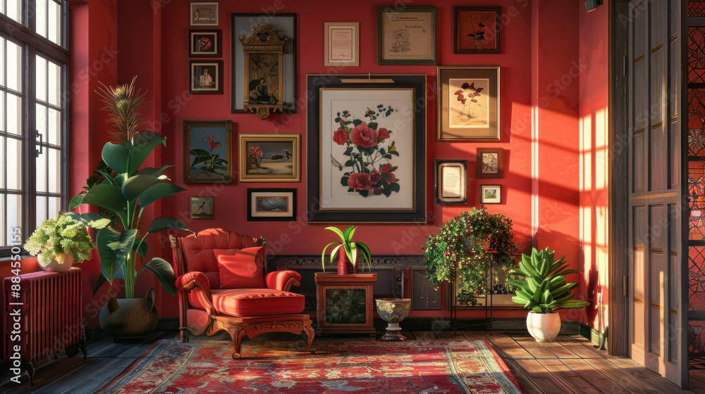 A red-themed room with a gallery wall featuring a single dark red and maroon frame. It includes furniture and plants. A red-themed room with a gallery wall featuring a single dark red and maroon frame. It includes furniture and plants.