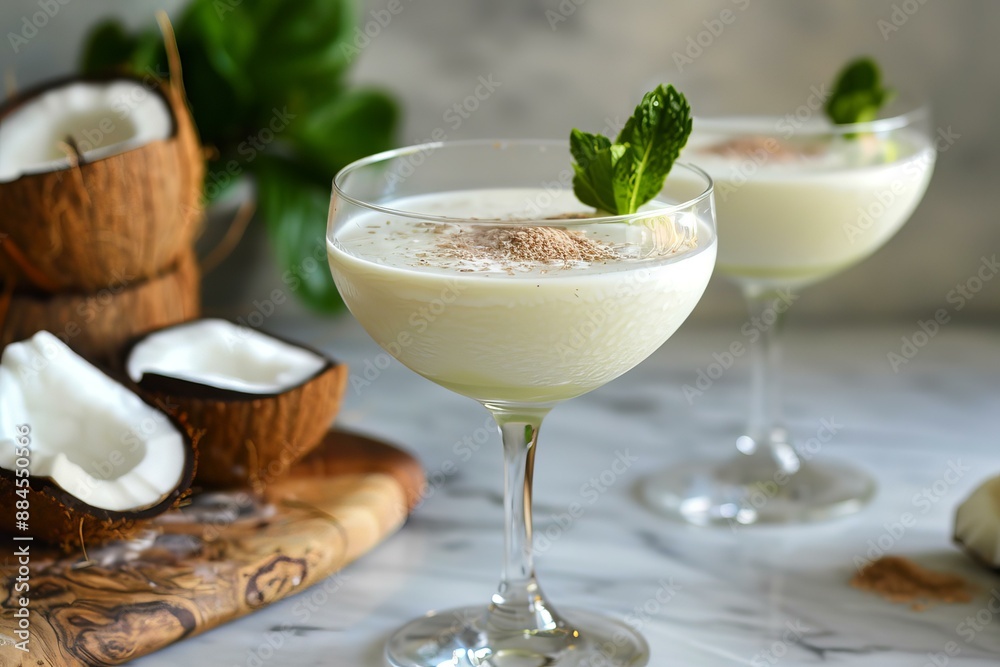Refreshing coconut cocktail served in an elegant glass, garnished with mint and a sprinkle of cocoa Refreshing coconut cocktail served in an elegant glass, garnished with mint and a sprinkle of cocoa
