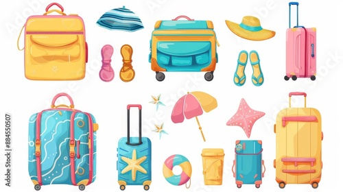 A travel suitcase on a beach with clothes, shoes, a passport, and a suitcase open for summer vacation. A cartoon cartoon of a retro weekender backpack for weekend getaways.