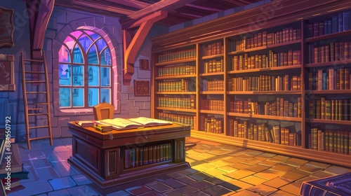 This illustration shows an old wooden bookcase, vintage desk and chair, an ancient spell book and feather floating in the air, a green potion boiling in a cauldron, and a candle lit in the room. photo