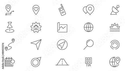 Location line icon set. Navigation, maps, iogistics, delivery, map navigation outline icon collection. UI thin outline icon set.