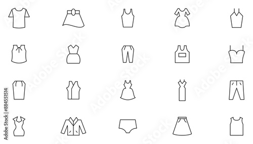 Clothing and fashion line icon set. Jacket, winter coat, sweatshirt, hoody, pullover, bathsuit, evening dress, cardigan, hanger and other apparel outline icon collection. UI thin outline icon set.