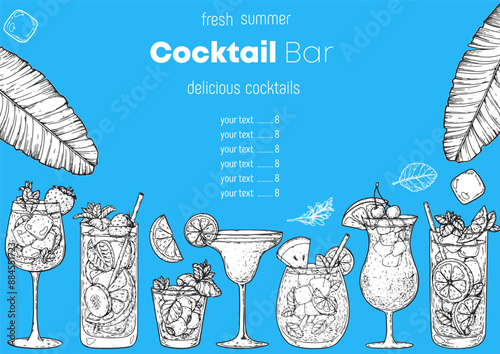Alcoholic cocktails frame. Hand drawn vector illustration. Tropical Cocktails sketch set. Engraved style.