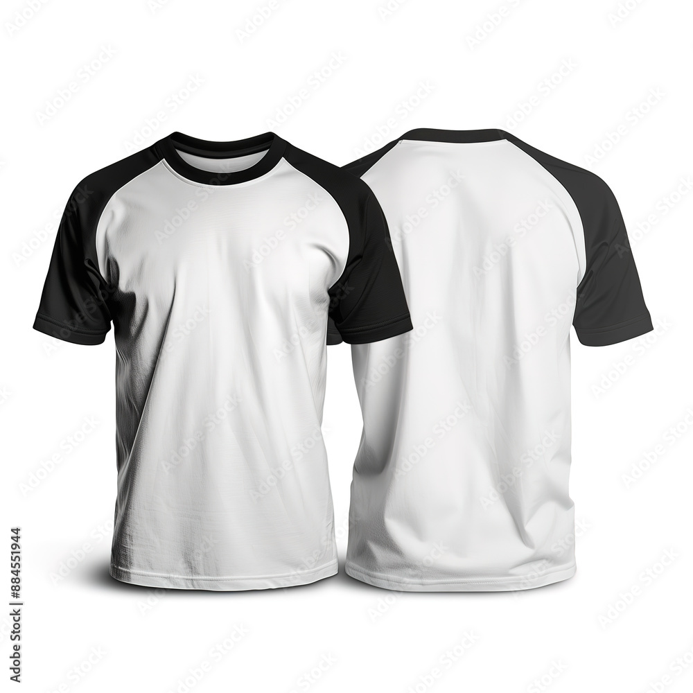 White Baseball T-Shirt with Black Sleeves Mockup Front and Back Views on White Background White Baseball T-Shirt with Black Sleeves Mockup Front and Back Views on White Background