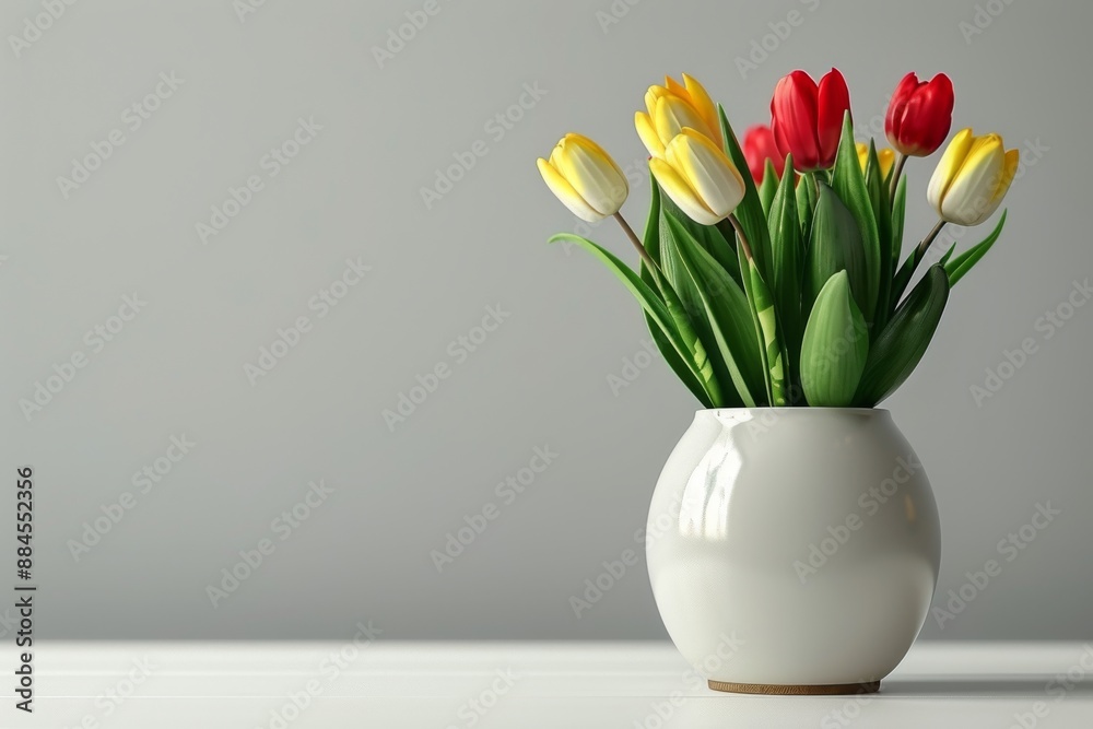 Yellow and Red Tulips in White Vase on Minimalist Grey Background Bright Spring Flowers Simple and Elegant Home Decor Yellow and Red Tulips in White Vase on Minimalist Grey Background Bright Spring Flowers Simple and Elegant Home Decor
