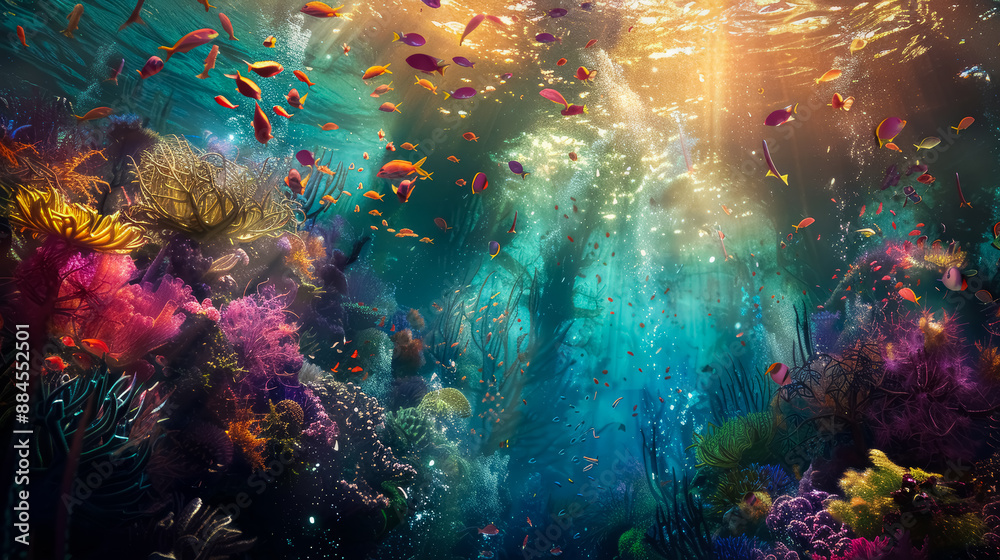 Flocks of small tropical fish and colorful underwater world, ocean seabed Flocks of small tropical fish and colorful underwater world, ocean seabed