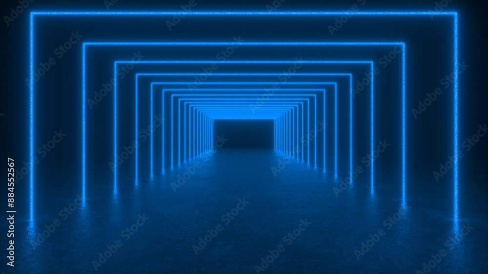 A hallway lined with bright blue neon lights creates a futuristic tunnel effect. A hallway lined with bright blue neon lights creates a futuristic tunnel effect.