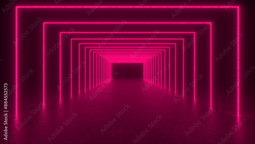 A glowing pink neon light corridor extends into the distance. A glowing pink neon light corridor extends into the distance.