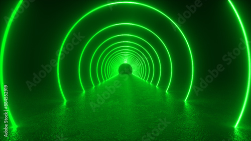 A glowing green neon tunnel extends into the distance, with light reflecting on the floor.