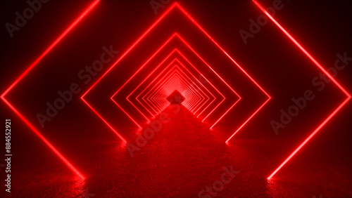 A long, narrow corridor with red neon lights forming a repeating pattern of diamonds. The lights reflect on the smooth floor, creating a glowing path.