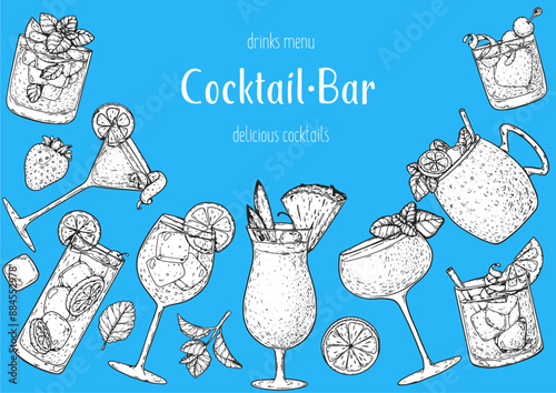 Alcoholic cocktails frame. Hand drawn vector illustration. Cocktails sketch set. Engraved style.