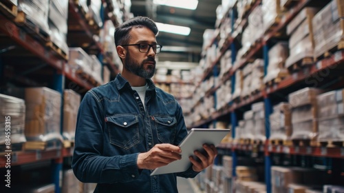 A man wearing glasses and a denim shirt uses a tablet while standing in a warehouse.