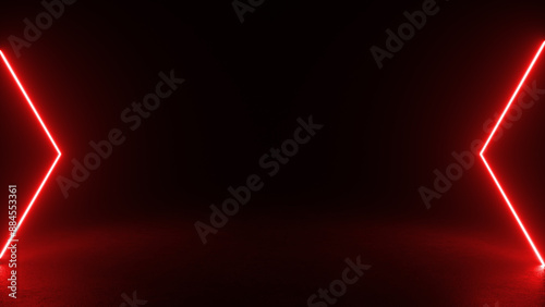 Two bright red neon shapes, each resembling an arrow, glow against a black background. The shapes create an illusion of depth, suggesting the possibility of an opening or portal.