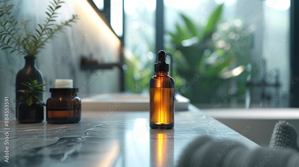 A serum bottle in a modern bathroom with natural lighting highlighting the product's sleek design. A serum bottle in a modern bathroom with natural lighting highlighting the product's sleek design.